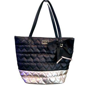 Betsey Johnson Quilted Black &Gold Heart Tote Bag With Bow Accent